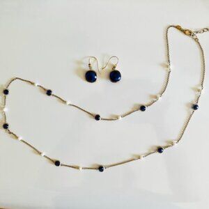 Rivka Friedman Navy Blue Cat's Eye and White Pearl CZ Earrings and Necklace Set
